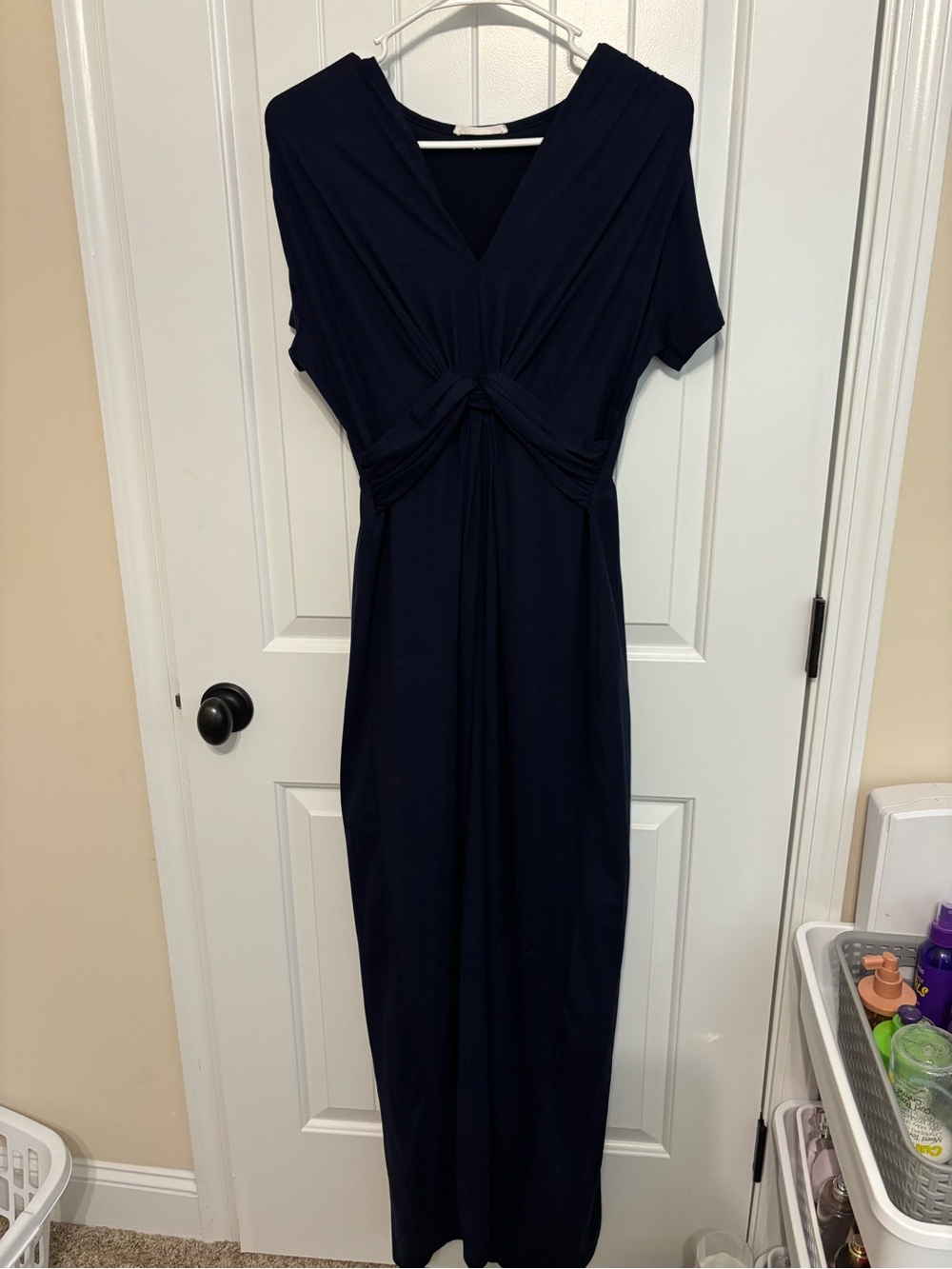 V-Neck Twist-Front Navy Maxi Dress
